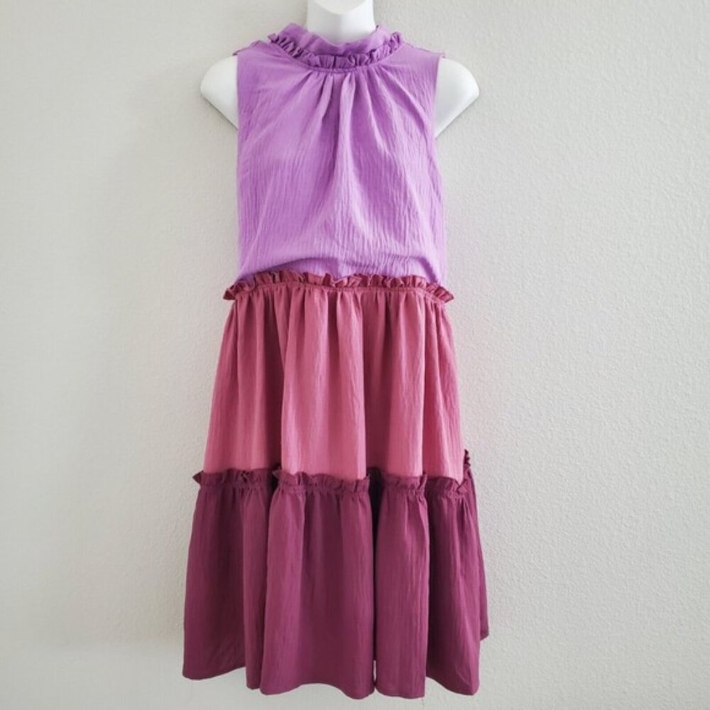 Strut & Bolt Dress Medium Purple Tiered Colorblock Ruffles Romantic Boho Casual